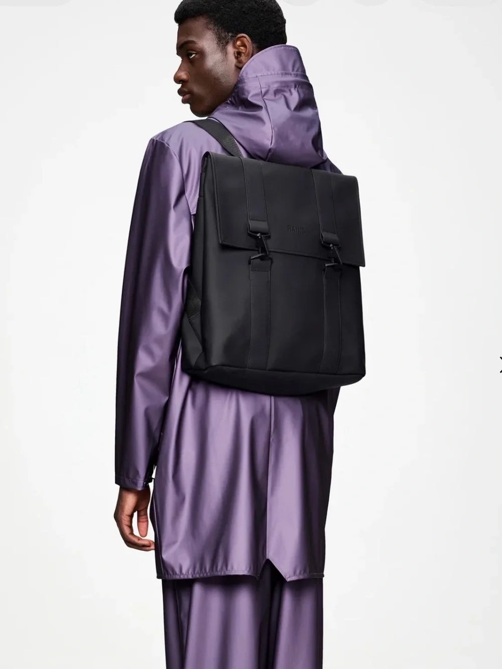 Rains Black Minimalist MSN Bag Waterproof Backpack with Flap and Buckles